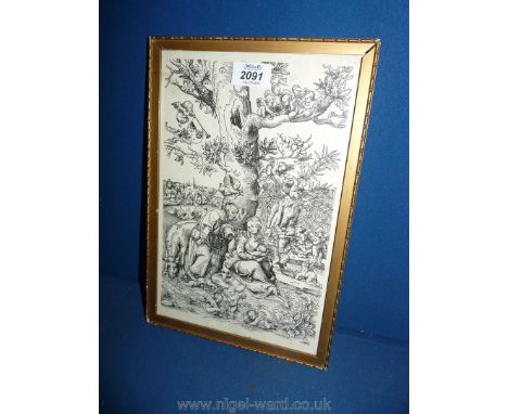 A gilt framed Lucas Cranach Print - Adam and Eve surrounded by cherubs, Rest on flight into Egypt.