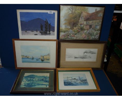A quantity of prints to include Ossie Jones 'Bacchus', Malta, Cottage garden, pencil sketch of a paddle steamers off Coulport