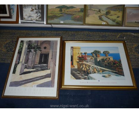 Two large Prints by Illana Richardson, one of continental roof top cafe with sea view, the other of continental building entr