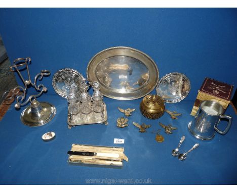 A quantity of silver plate and metal to include 1953 silver plated Coronation spoons, a pewter tankard, EPNS candlestick hold