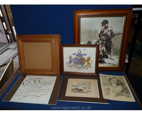 Various framed and unframed prints and calligraphy samples and three wooden picture frames