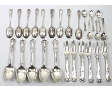 A collection of silver flatware including a set of nine rat tail teaspoons, Sheffield 1904, Fenton Brothers Ltd, a set of six