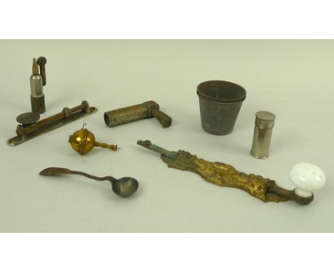 A selection of items including a gilt brass door latch with white enamel handle, a second latch, the handle marked Hayward & 