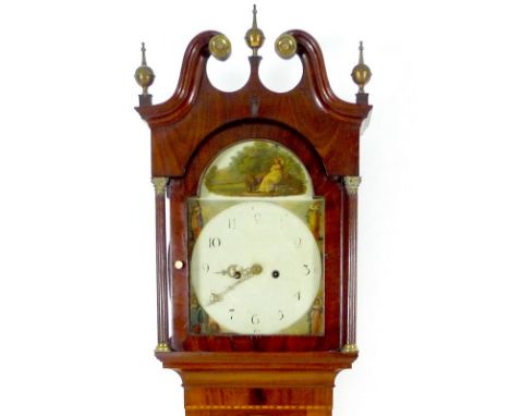 An early 19th century mahogany and crossbanded long case clock, twin train movement chiming on a bell, white painted arched d