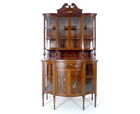 An Edwardian mahogany display cabinet, circa 1910, hand painted decoration all over with floral swags and line inlay, broken 