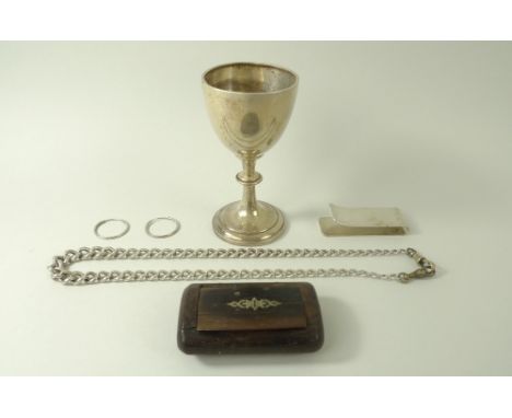 A silver egg cup, Albert chain, money clip, hoop earrings and a 19th century silver inlaid snuff box. (6)