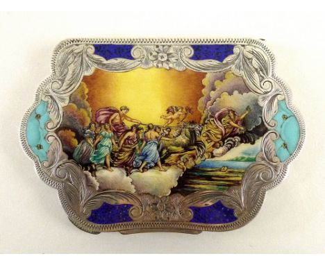A Russian 800 silver enamel compact depicting Aurora, Apollo Driving his Chariot Preceded by Dawn by Guido Reni, the serpenti