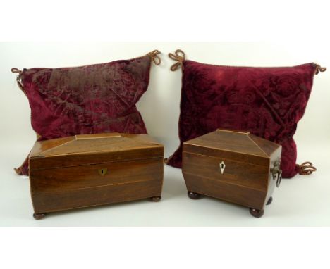 A 19th century rosewood sarcophagus tea caddy with ivory lockplate raised on bun feet, the fitted interior with boxwood strin