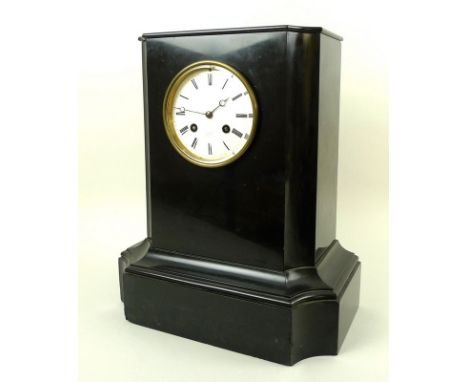 A late 19th century slate mantle clock, by Desbois, Paris, white enamel dial with black Roman numerals, twin train movement s