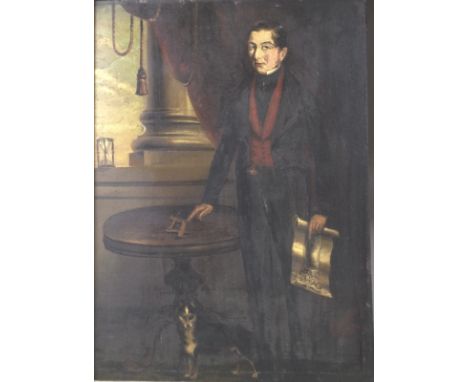 A Victorian portrait of a gentleman, possibly an architect, oil on board, the subject standing pointing to a compass and set 