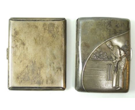 A silver cigarette case, embossed with a cricketer, gilt interior, Boots Pure Drug Company, Birmingham 1907, 7.78toz, 8.5 by 