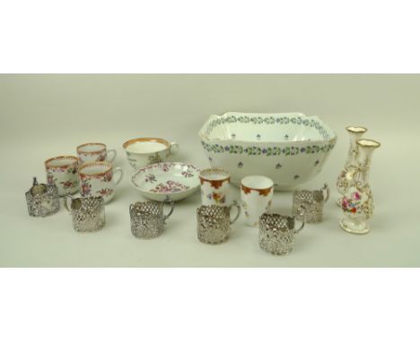 A group of English and Continental ceramics, 19th century, comprising a pair of small vases, painted with floral sprays and g