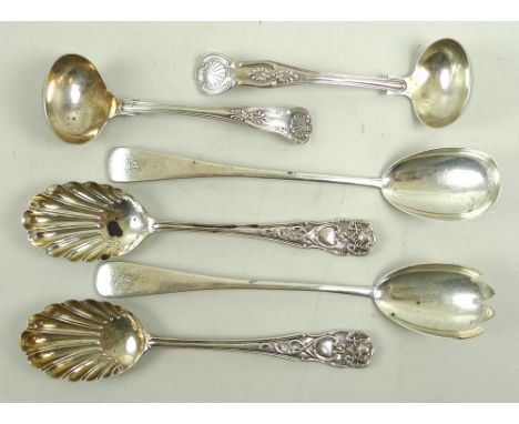 A collection of Edwardian silver utensils to include a a pair of salad servers, the handles engraved with the cipher PSW?, Lo