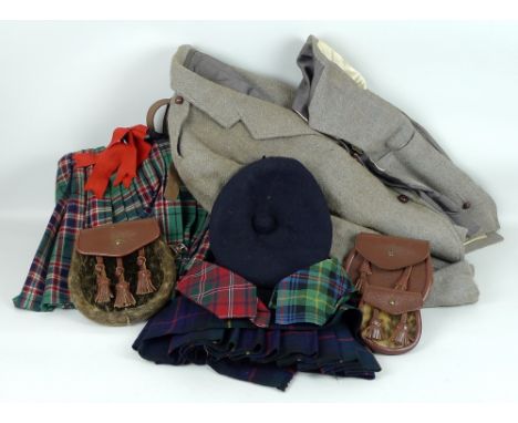 A MacFarlane ancient Scottish hunting dress kilt, jacket, waistcoat, fur covered sporran, tie, tam, purse and leather belts, 