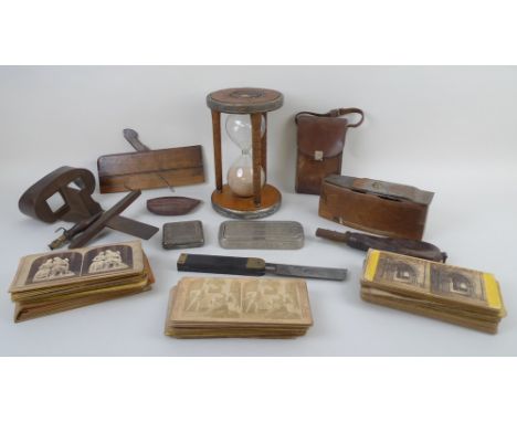 A collection of gentleman's items, including a 19th century stereoscope and a collection of steroscopic viewer cards, two woo
