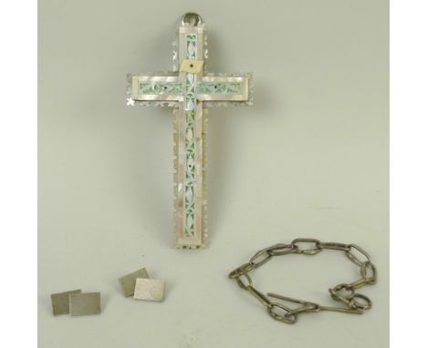 An Italian mother of pearl and olive wood cross, pierced with green foil backing, 13cm, together with an 18th century white m