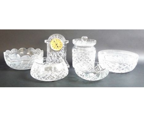 A group of Waterford crystal, comprising an apprentice-made bowl, manufactured during a final exam, three further bowls, a li