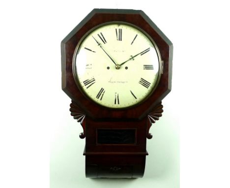 An early Victorian mahogany octagonal cased drop dial wall clock, circa 1860, with dual fusee movement, anchor escapement, ch