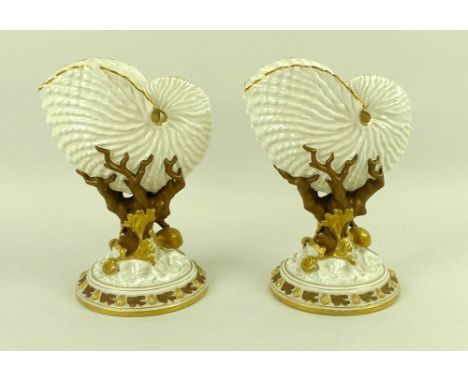 A pair of Royal Worcester Nautilus shell vases, each with gilded edges and highlights raised on naturalistic coral stem and b