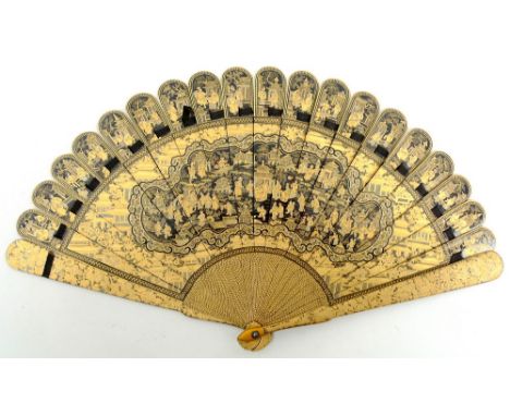 A Chinese Export lacquer fan, 19th century, comprising nineteen sticks and two guards, the whole decorated on the black lacqu
