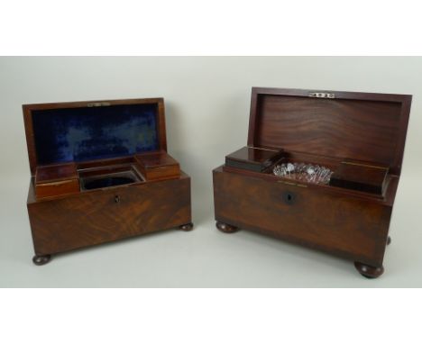 A 19th century mahogany tea caddy of sarcophagus form raised on bun feet, with fitted interior including pressed glass bowl a