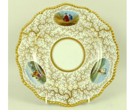 A 19th century Worcester Flight Barr & Barr cabinet plate, of scalloped edge form, with gilded branch ground and three oval h