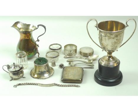 A collection of assorted silver items including a twin handled trophy, un engraved, 15cm high on a wooden base, a cigarette c