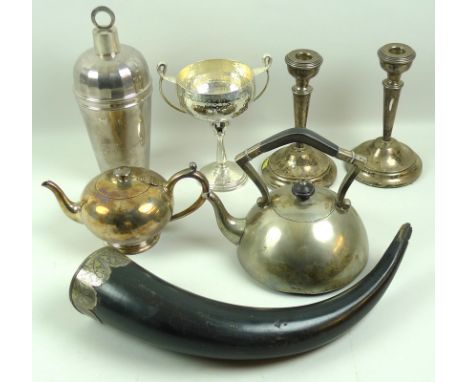 A silver metal niello mounted horn, 41cm, together with a group of silver plated items, a cocktail shaker, 26.5cm, pair of ca