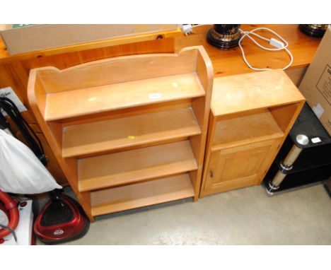 A light wood open fronted graduated bookshelf and a walnut cabinet