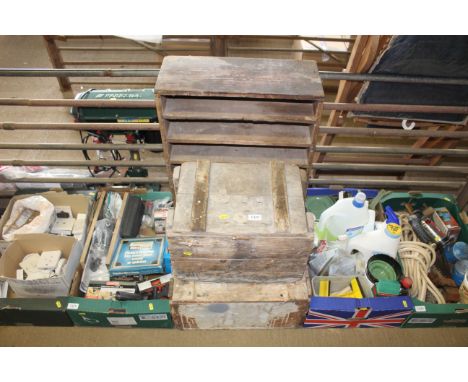 Two wooden storage boxes and a nine tier wooden shelf unit 