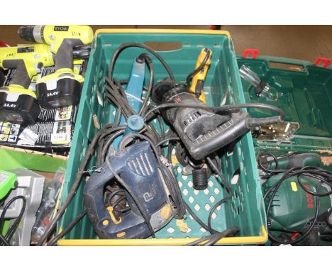 A plastic crate with contents of various electrical tools to include a DeWalt drill, an Atlas Copco reciprocating saw, a Bosc
