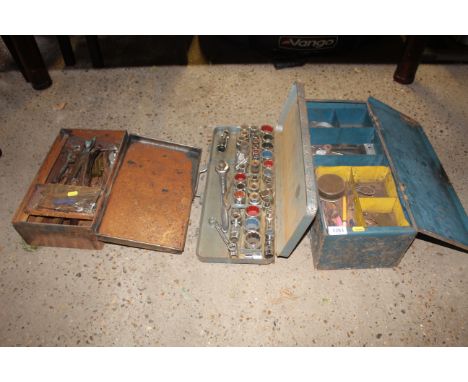 A quantity of various tools to include part socket set, metal toolboxes with contents etc.