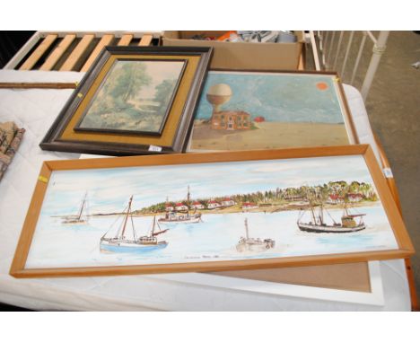 Starling, oil on board surreal beach scene; W A Dawling, study of Felixstowe Ferry 1973 and a coloured Constable print