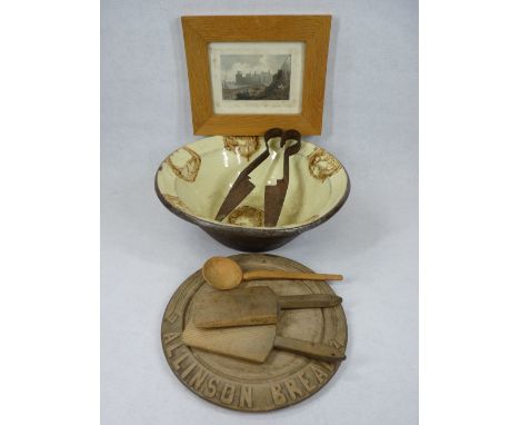 KITCHENALIA - a slipware style milk pan, a pair of wooden butter pats and a spoon, metal shears, carved Allinson bread board 