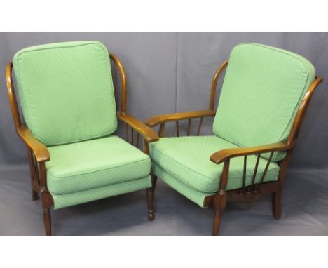 VINTAGE STICK BACK FIRESIDE ARMCHAIRS - Ercol/Parker Knoll style with reupholstered slip-off green covers, 82cms H, 66cms W, 