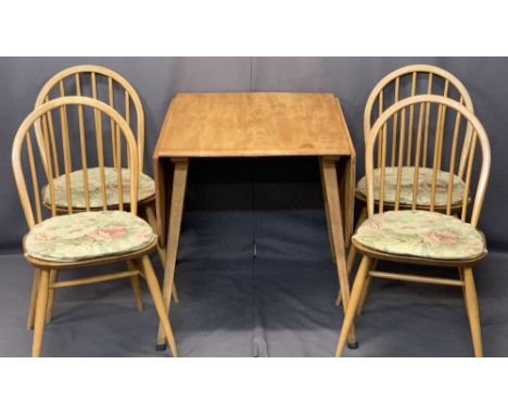 ERCOL LIGHT ELM DROP-LEAF DINING TABLE &amp; FOUR HOOP SPINDLE BACK CHAIRS - original blue labels attached, 72cms H, 74cms L,