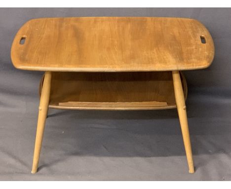 ERCOL LIGHT ELM BUTLER'S TYPE TABLE - the top having fret cut carry handles with under-tier shelf (one part side rail missing