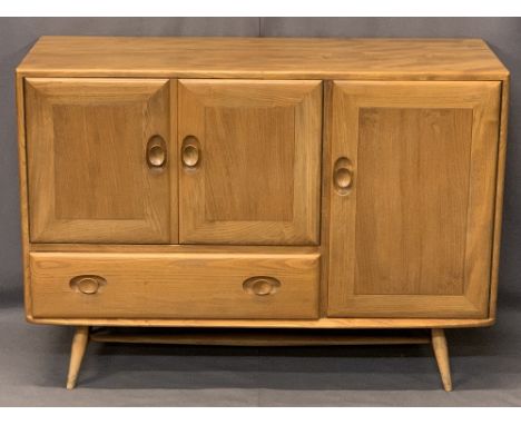 ERCOL LIGHT ELM WINDSOR SIDEBOARD CIRCA 1960 MODEL 366 designed by Lucian Ercolani, on tapered supports, original blue label 