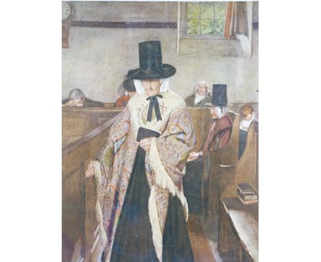 SALEM, a good, coloured print, 53 x 50cms and a print of a Welsh Lady in her kitchen with cricket table, dresser and grandfat