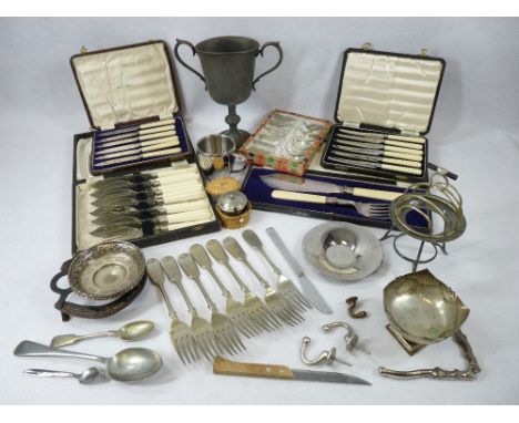 CASED CUTLERY, EPNS &amp; OTHER METAL WARE including a twin-handled pewter trophy cup