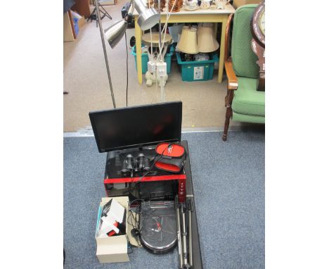 MIXED HOUSEHOLD ELECTRICALS with a pair of 8 x 30 binoculars, cased, electricals to include a Sanyo red microwave oven, two f