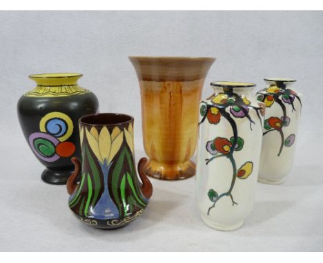 WILEMAN &amp; CO, FOLEY INTARSIO &amp; SHELLEY GROUP OF VASES (5) - The Intarsio decorated with stylised flowers, the Shelley