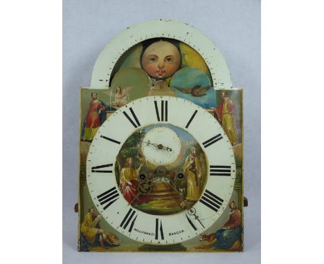19TH CENTURY LONGCASE CLOCK DIAL, WEIGHTS &amp; PENDULUM - the 14in across arched top dial with moon face movement signed 'Wi