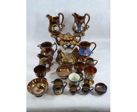 VICTORIAN COPPER LUSTRE WARE, 18 PIECES - various size jugs, goblets, teapot and cover, 'hen on nest', ETC