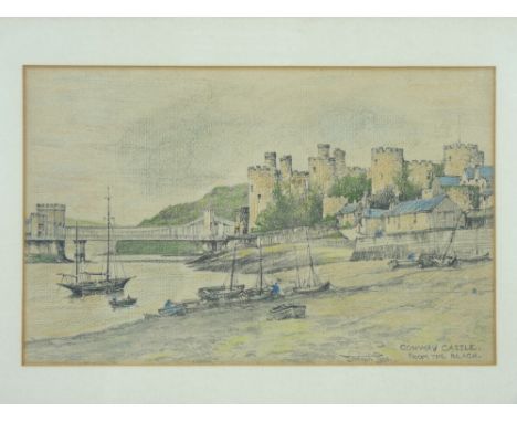 JOSEPH PIKE pastel - Conwy Quay, Castle, Bridge and boats, signed, 22 x 36cms and a print of a similar scene After ELMER KEEN