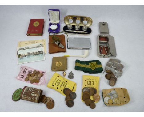 MIXED COLLECTABLES GROUP &amp; VINTAGE COINAGE to include a hallmarked silver ARP badge, an enamel front Civil Defence Corps 