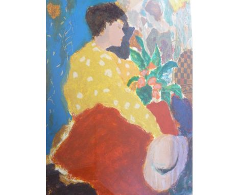 R FAIRCHILD trial proof screen print titled - 'Dejeuner', large format, impressionist style of a young woman with a hat, 86.5