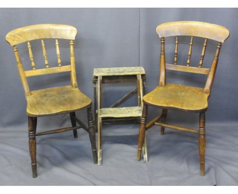 TWO VINTAGE FARMHOUSE OAK CHAIRS and a folding two-step ladder, 84.5cms H, 38cms W, 38cms seat D, 53cms H, 35cms W measuremen