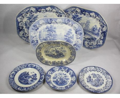 BLUE &amp; WHITE MEAT PLATTERS &amp; PLATES - a quantity to include 47cm platters (2) showing a farmer with cattle at a river
