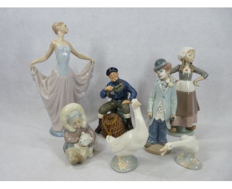 LLADRO FIGURINES (4), Royal Doulton 'The Lobster Man' HN2317 and two goose figurines by NAO and Lladro, 30cms H the largest f